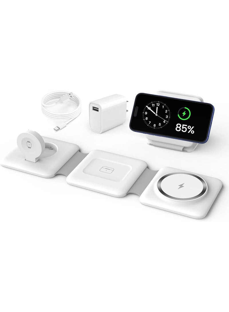 قاعدة شحن لاسلكية مغناطيسية قابلة للطي 3 في 1 - محطة شحن سريع لأجهزة iPhone و Apple Watch و AirPods، حامل شحن محمول متعدد الأجهزة بتصميم صغير الحجم - Image 1